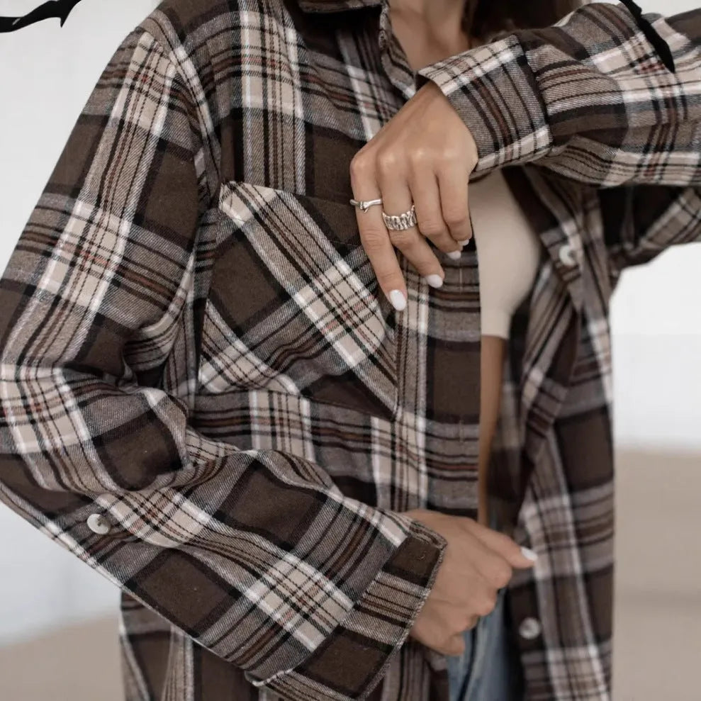 Women's dark brown retro striped long-sleeve shirt with regular fit, shown with and without a chest pocket.