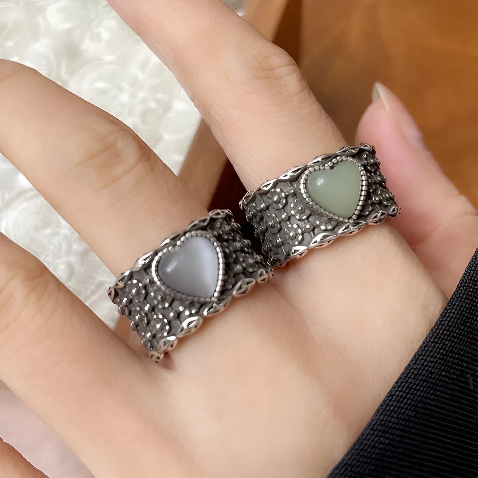 Adjustable opening retro moon heart ring in white copper plated silver