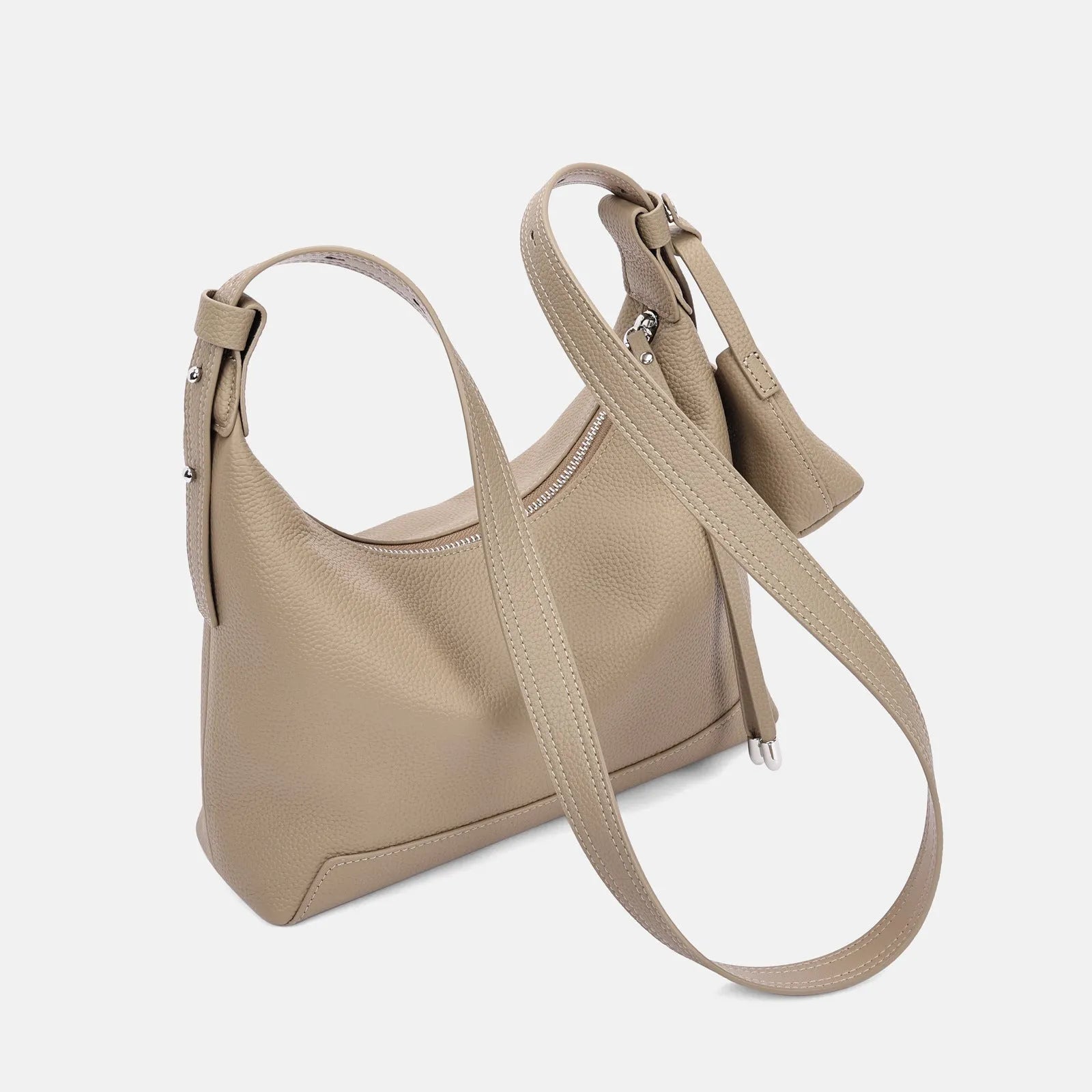 Genuine cowhide leather ladies shoulder bag in urban simplicity style with visible sewing thread