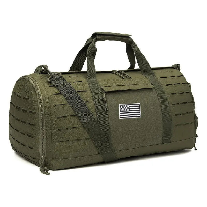 Men's khaki waterproof Oxford cloth sports duffel bag with handles and an air pillow belt.