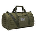 Men's khaki waterproof Oxford cloth sports duffel bag with handles and an air pillow belt.