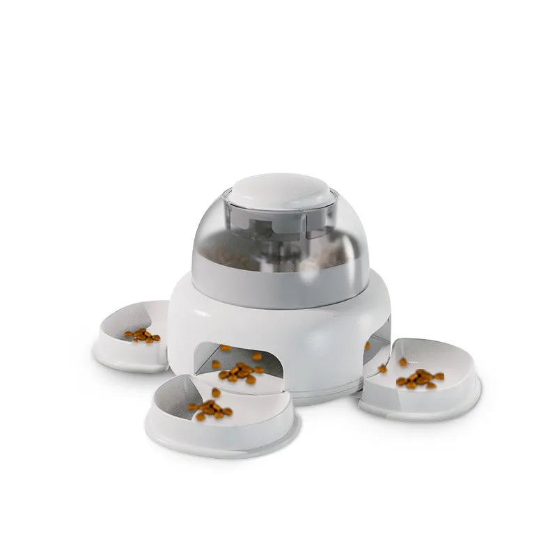 White plastic dog press leakage food feeder with optional plate and disk upgrades.
