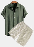 Men's solid colour casual short-sleeved shirt and shorts suit set on a hanger.