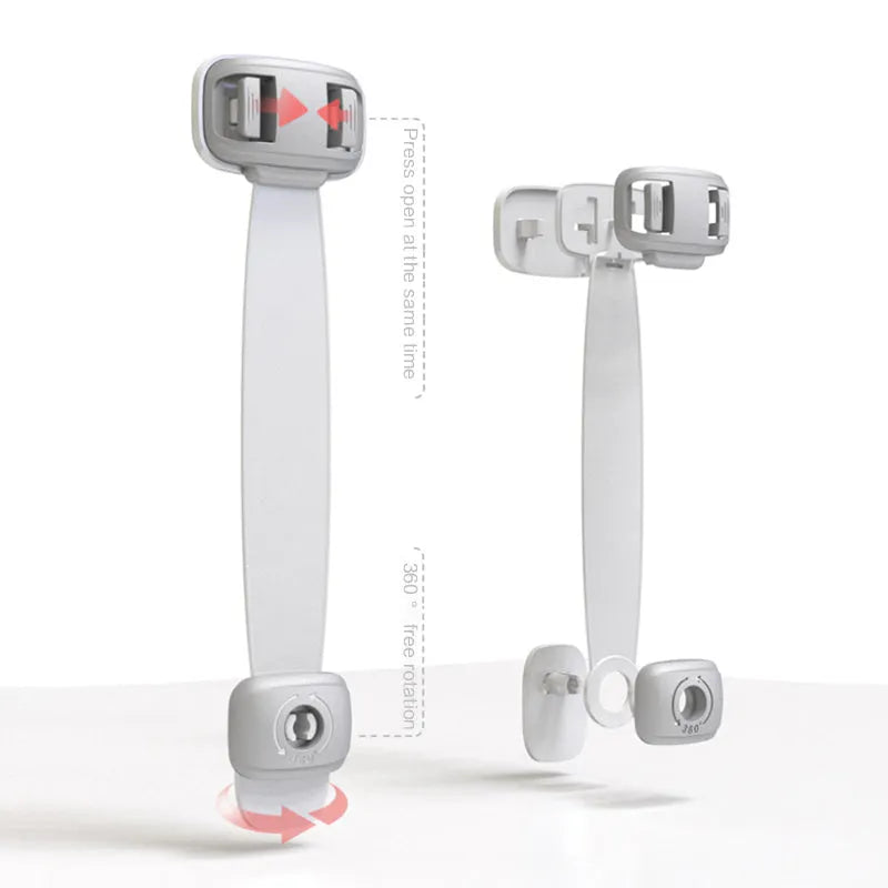 Adjustable child safety cabinet lock with strap showing grey colour and adhesive backing