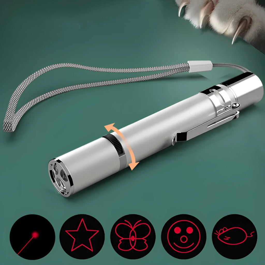 Laser pointer cat toy in stainless steel, 11.3 x 1.7 cm, with red dot LED and five light modes for cats and dogs.