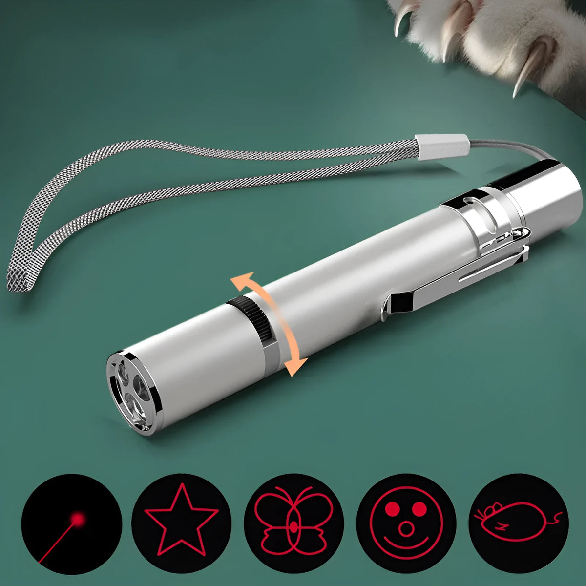Laser pointer cat toy in stainless steel, 11.3 x 1.7 cm, with red dot LED and five light modes for cats and dogs.