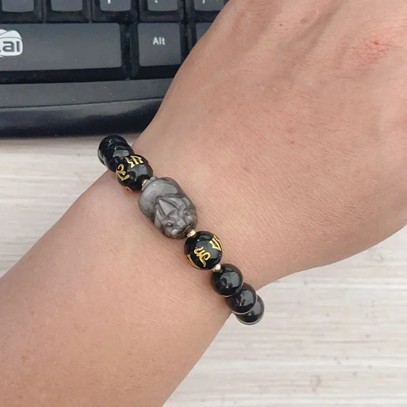 Natural silver stone men's bracelet with hand-knotted beads featuring zodiac symbols and Chinese proverbs