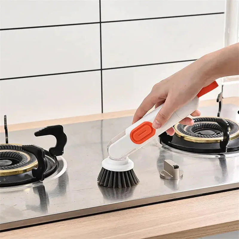 White and red long-handle cleaning brush with liquid dispenser and two brush heads for kitchen use