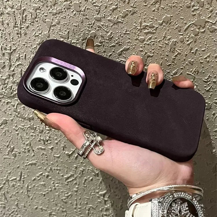 Magnetic leather drop-resistant flannel phone case for iPhone in silver grey colour showing hard case design