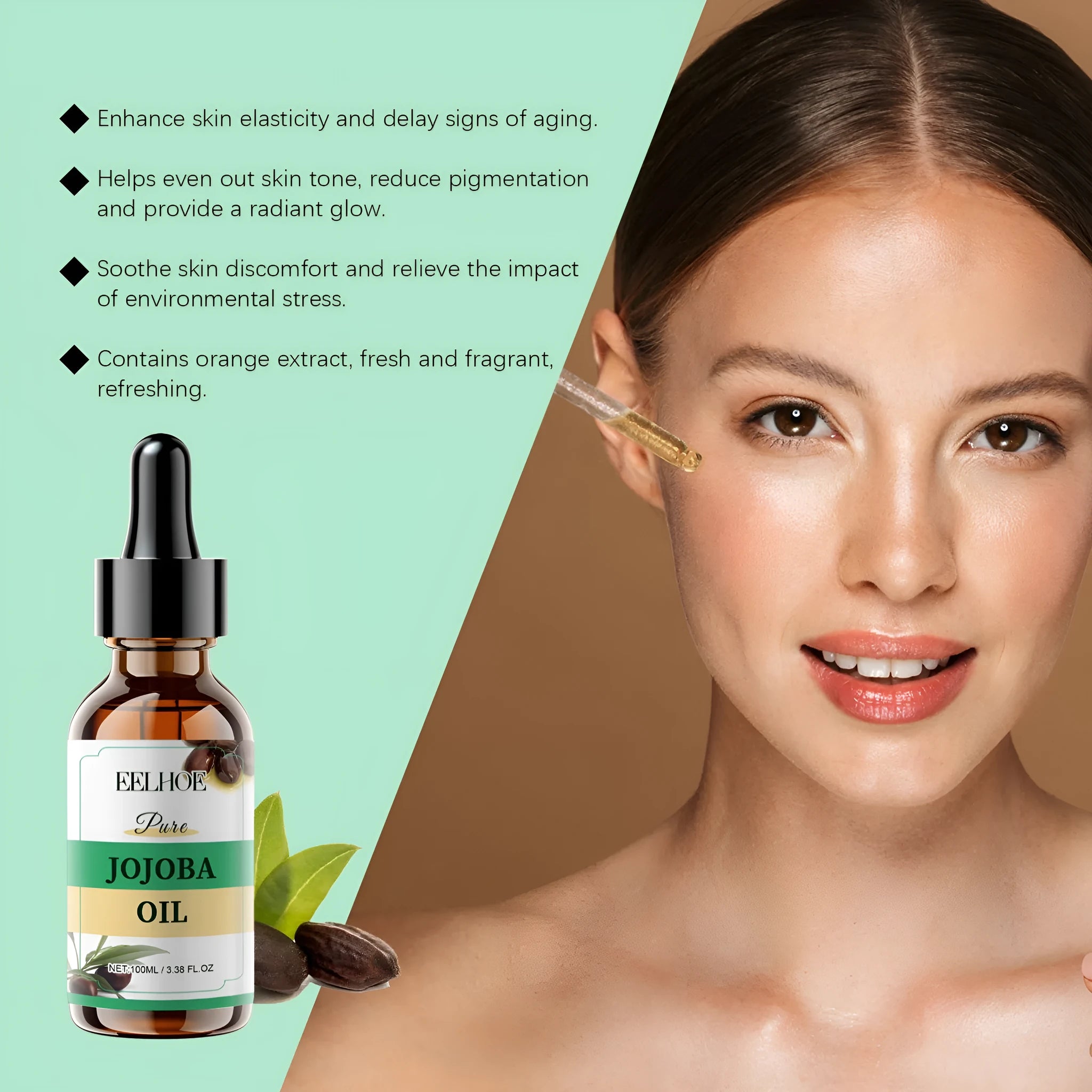 100ml organic jojoba facial oil in square glass bottle with vitamin E and orange extract
