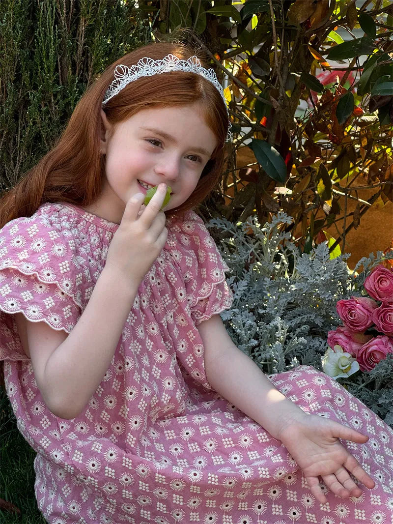 Pink girls' embroidered vintage cotton dress with floral pattern and lace flounced sleeves