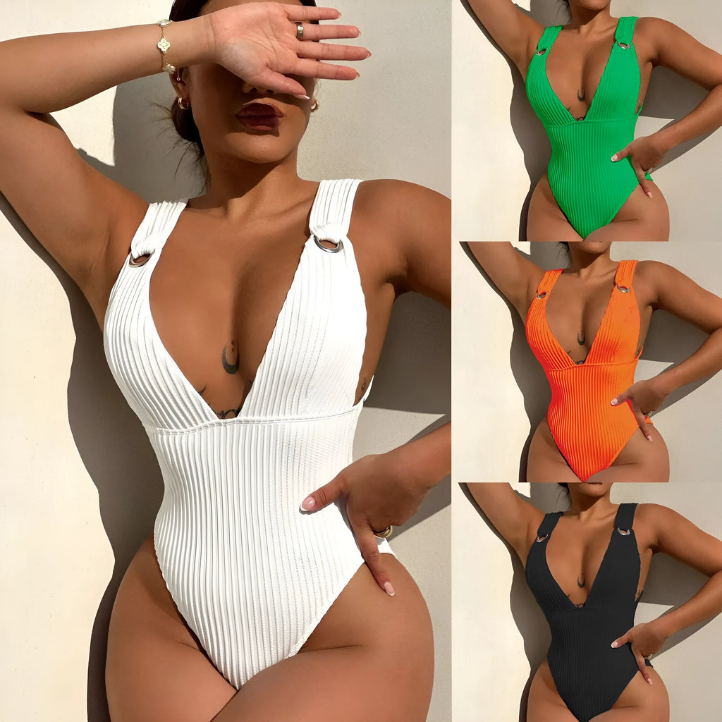 Women's solid colour one-piece swimsuit in black, white, green, or orange.