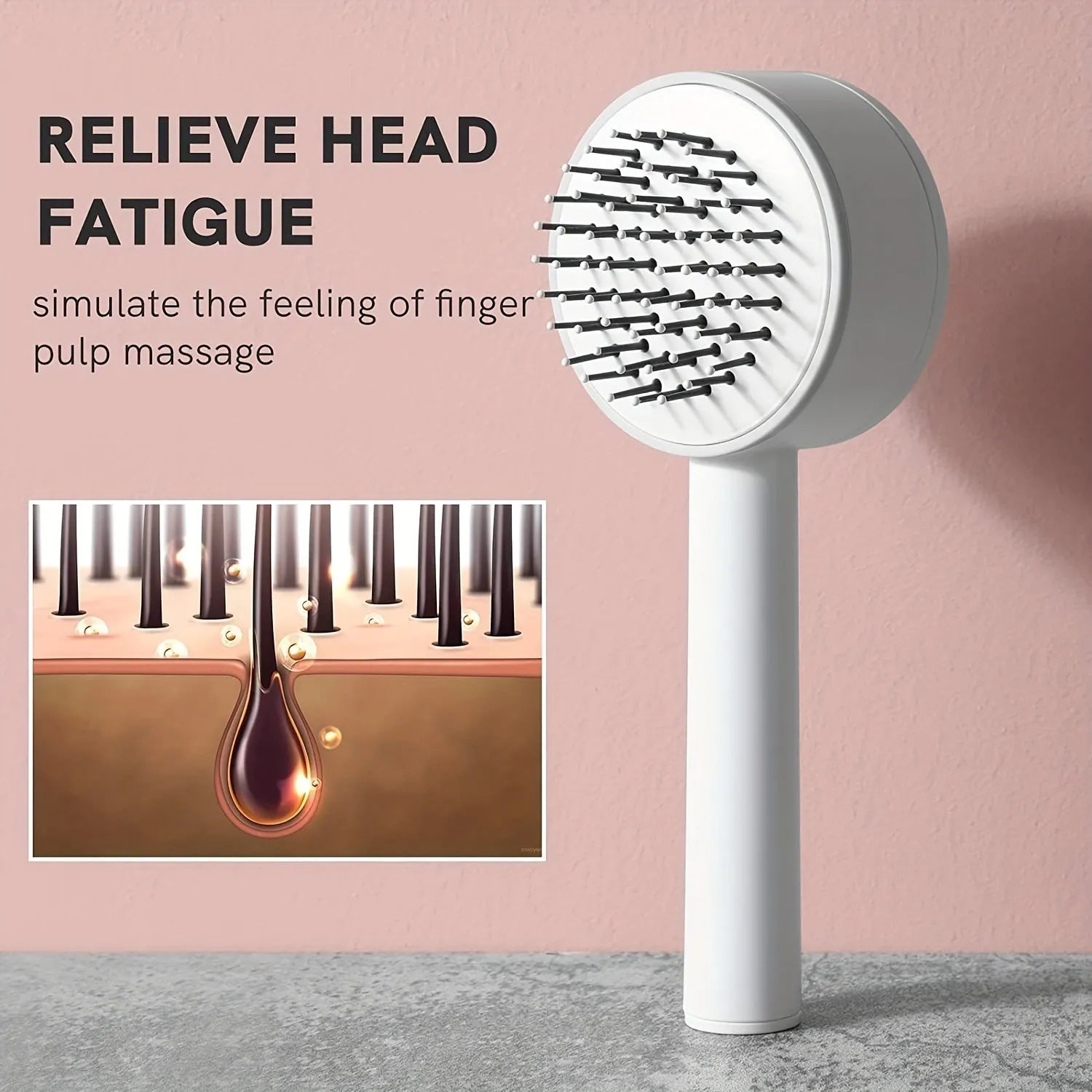 One-key self-cleaning hair brush with 3D air cushion, non-slip handle, and massage tips in green colour