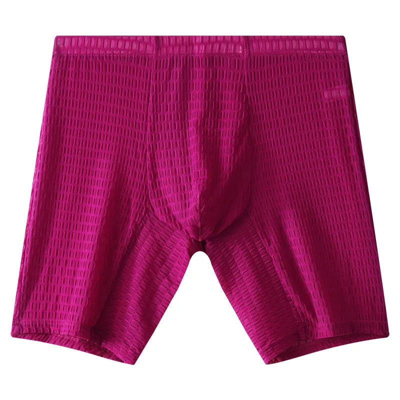 Men's white lace boxer shorts with a lengthened leg design on a neutral background.