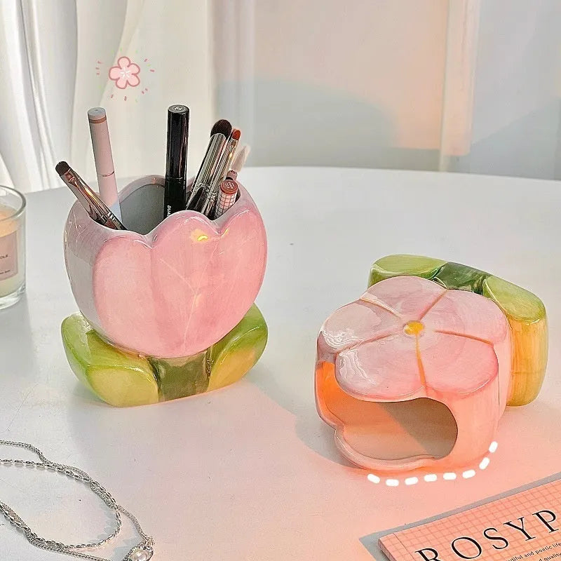 Ceramic floral pen holder and storage box for desktop organisation in decorative patterns