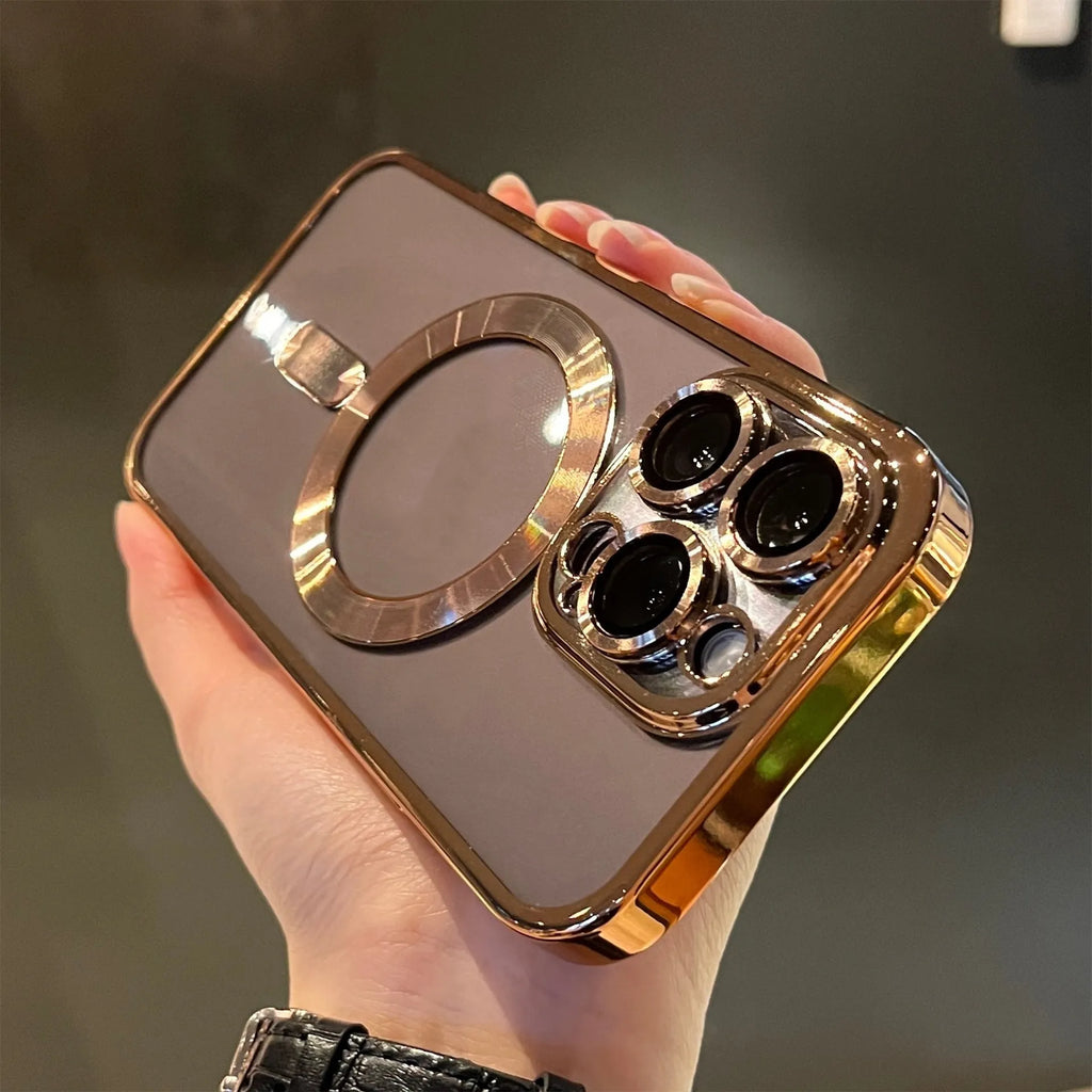 Electroplated magnetic TPU phone case for iPhone in black with camera lens film
