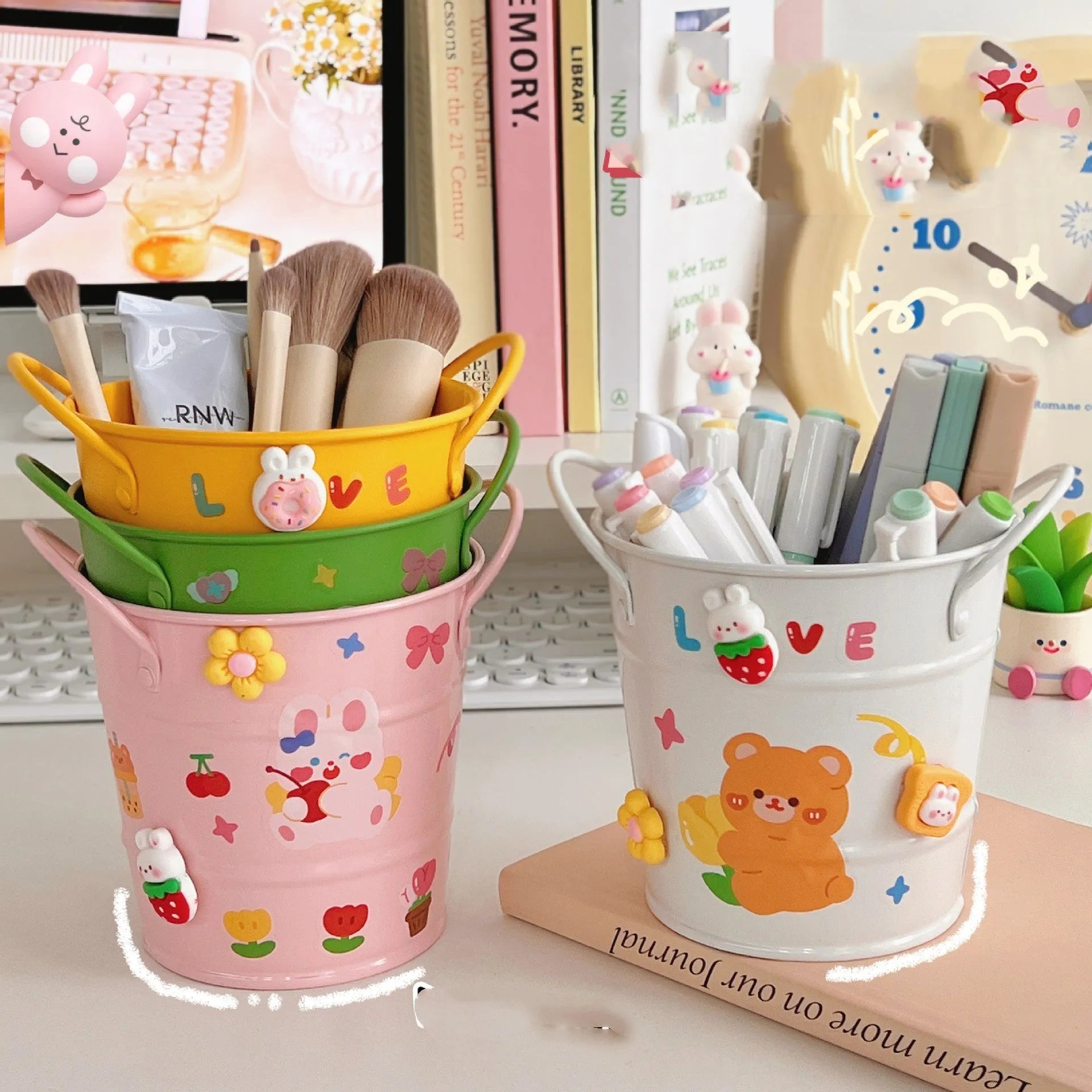 A round metal pen holder in a choice of colours for desktop stationery storage.