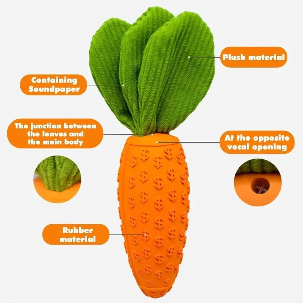 Orange carrot-shaped rubber and plush dog chew toy with squeaker, 21x5x5cm, on a solid background.