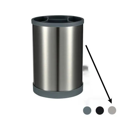 12-piece black silicone kitchen utensil set with tools stored in a rotating countertop storage bucket