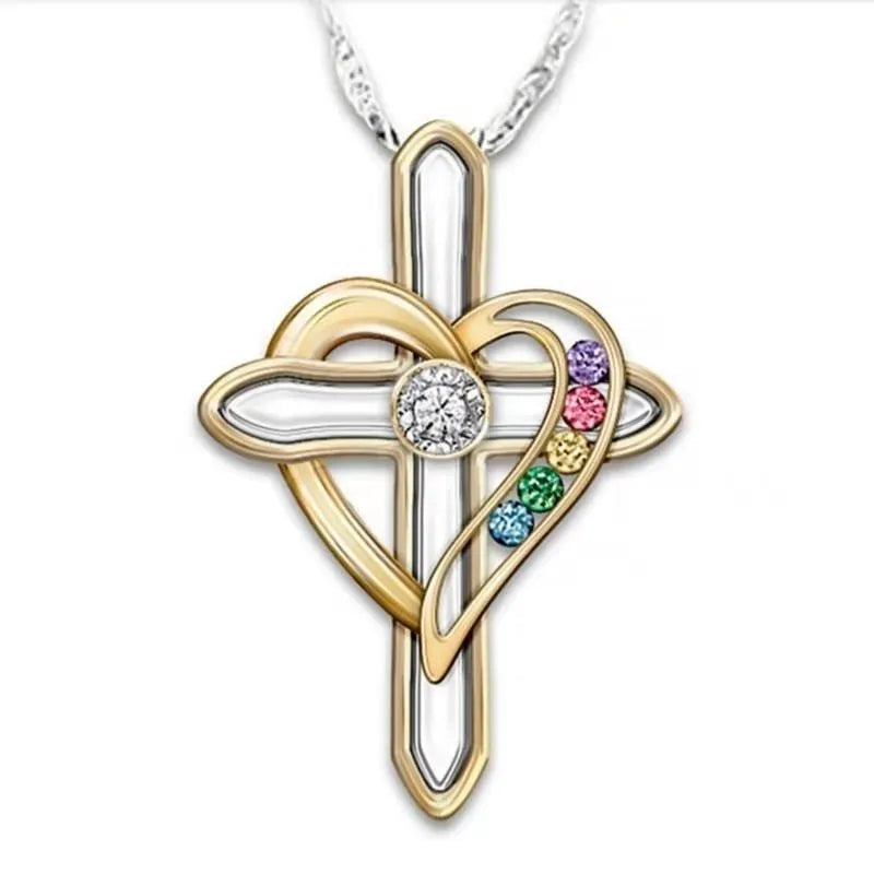 Alloy men's clavicle chain with heart-shaped imitation gemstone pendant in Cross Love colour, adjustable 51-80cm