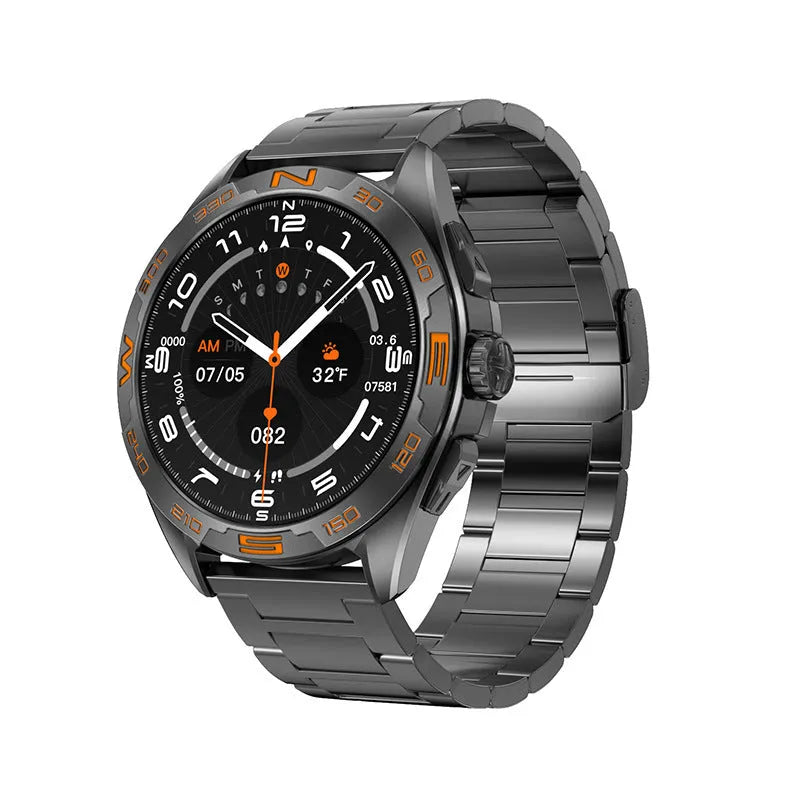 Black steel smartwatch on wrist showing heart rate and blood oxygen data on its IPS screen.
