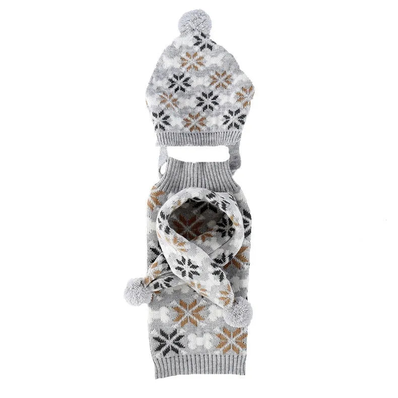 Grey and pink Japanese-style retro jacquard knit sweater, hat, and scarf sets for small dogs and cats.