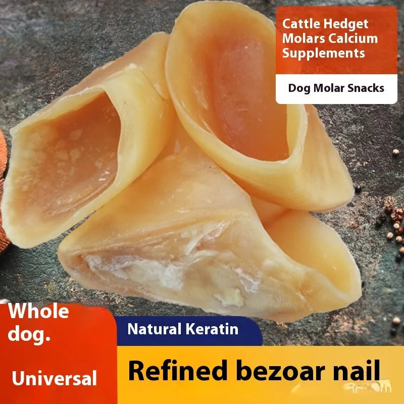 Natural cowhide dog chew rod in hoof shell colour, shown in small and large size options.