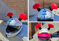 Pair of 8cm tall braided helmet decorations with non-marking adhesive, shown in multiple colour options.