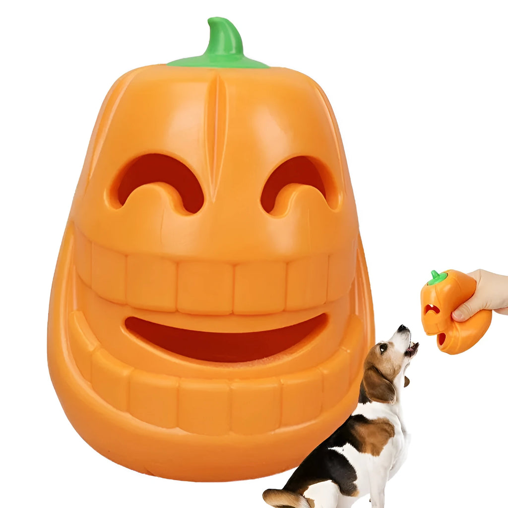Yellow pumpkin-shaped TPR dog chew toy for aggressive chewers, showing textured ridges.