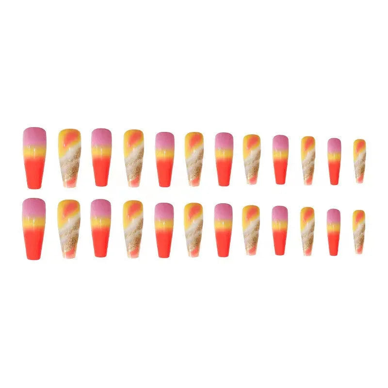 Rainbow gradient fake nails long pointed marble pattern 24 pieces with glue