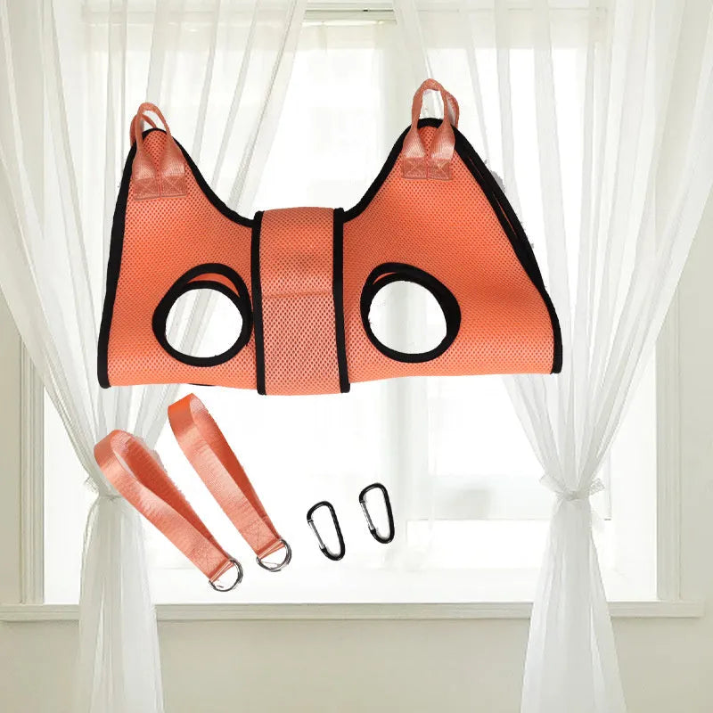 Cat grooming restraint bag with hanging hammock in three measured sizes for nail trimming and bath time
