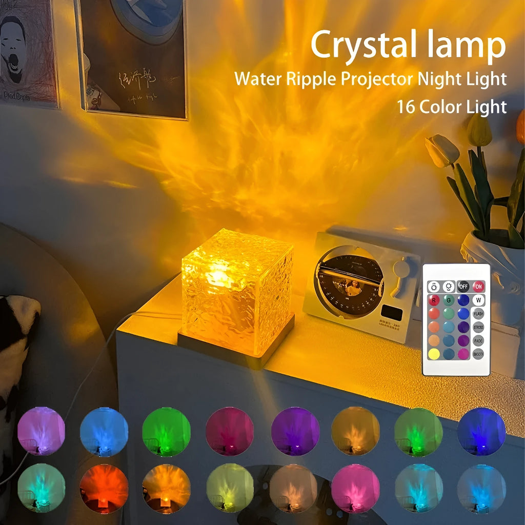 USB LED water ripple night light with rotating crystal projection and remote control