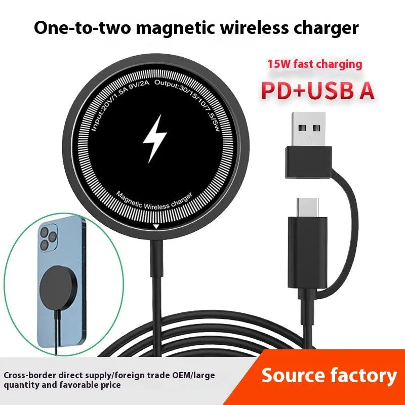 Silver gray 1-to-2 PD magnetic wireless charger with Type-C input and two charging pads on a desk
