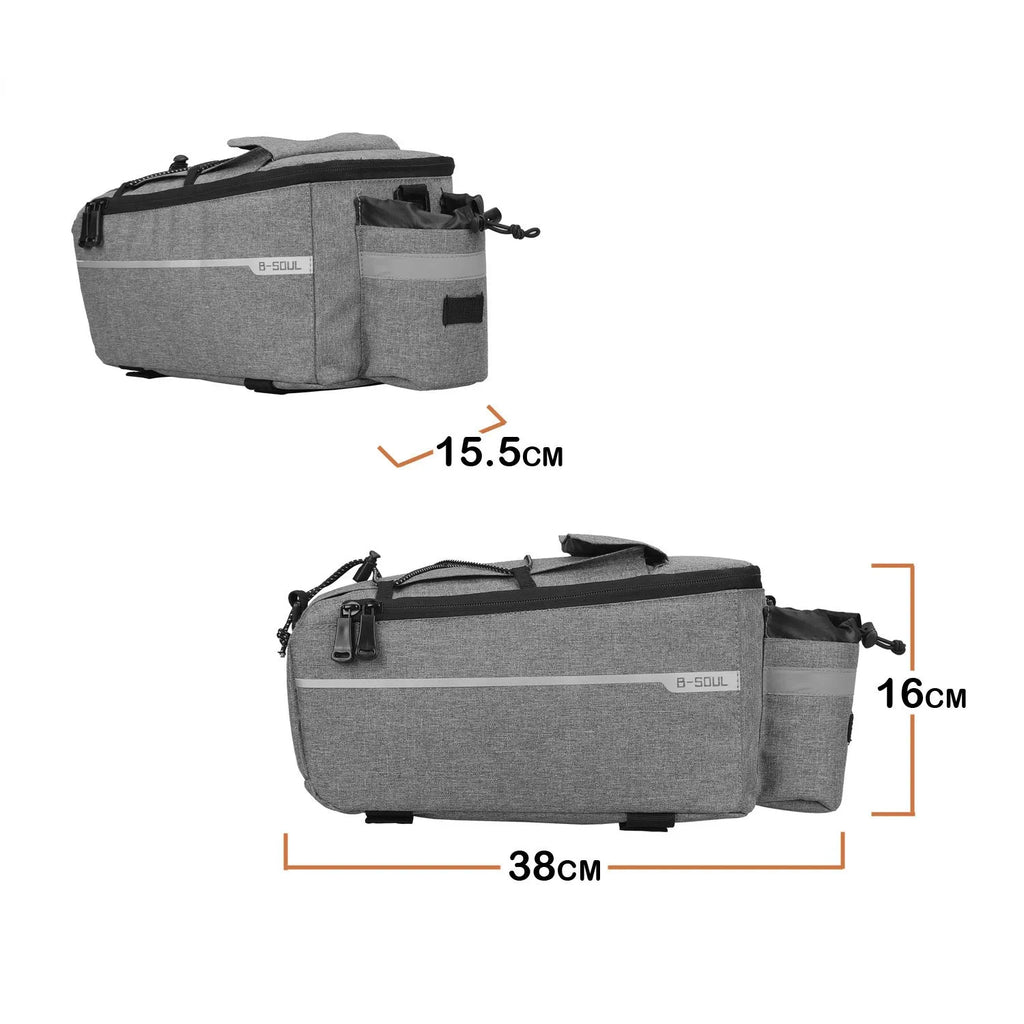 Black rear seat bag attached to mountain bike rear rack, 10L polyester pannier