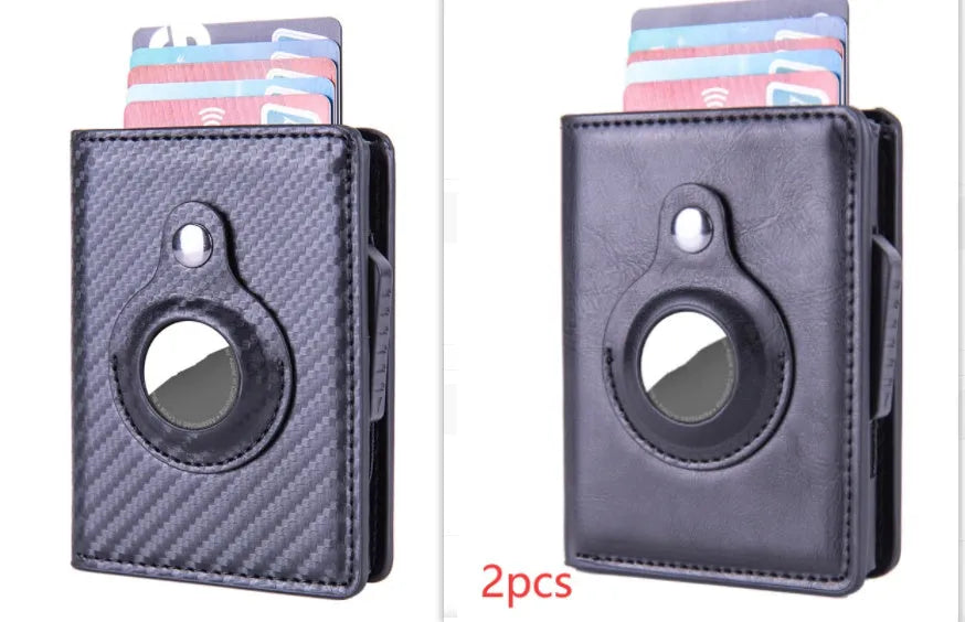 Automatic PU leather card wallet in Crazy Horse finish with anti-lost feature, card slots, and slim profile