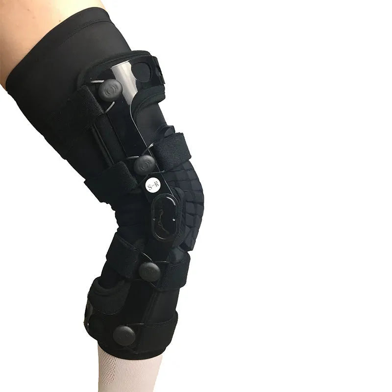Black anterior ligament knee pad supporter showing multi-material construction and sizing for left and right knees.