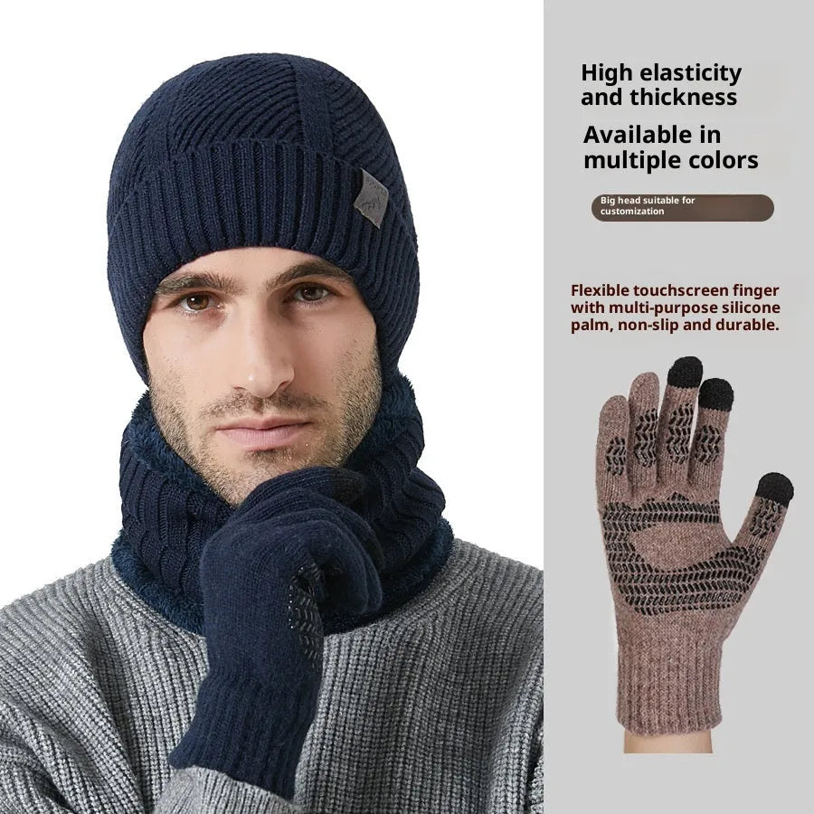 Men's wool hat scarf gloves three-piece set in gray with English letter details, casual winter style