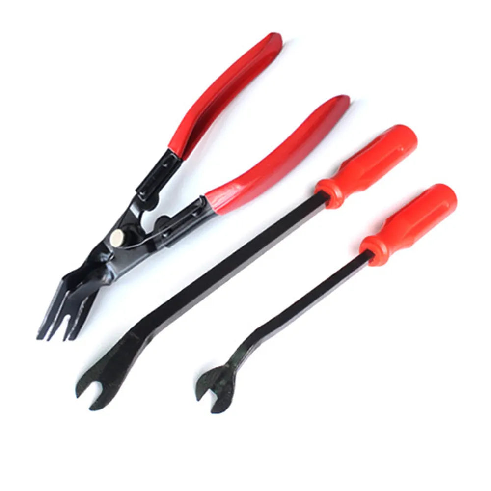 Red-handled steel automotive door panel clip driver tool for General Motors vehicles.