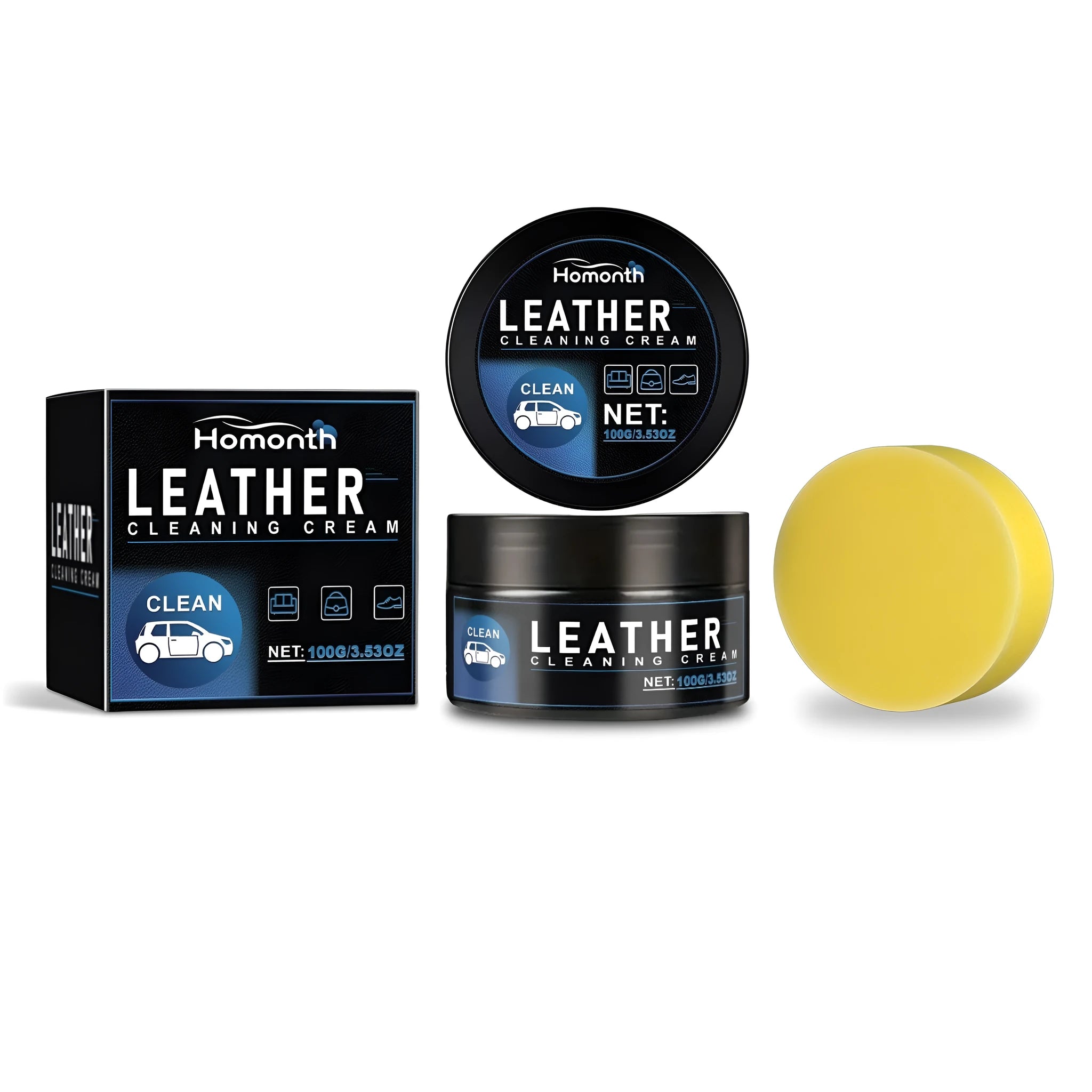HOMONTH Leather Care Cream 100g tub and sponge for car seats and leather goods