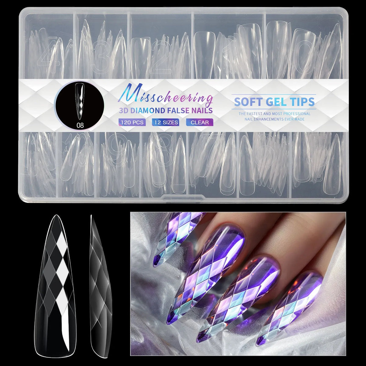 Pack of clear glitter nail extension tips showing 3D diamond design in various colours.