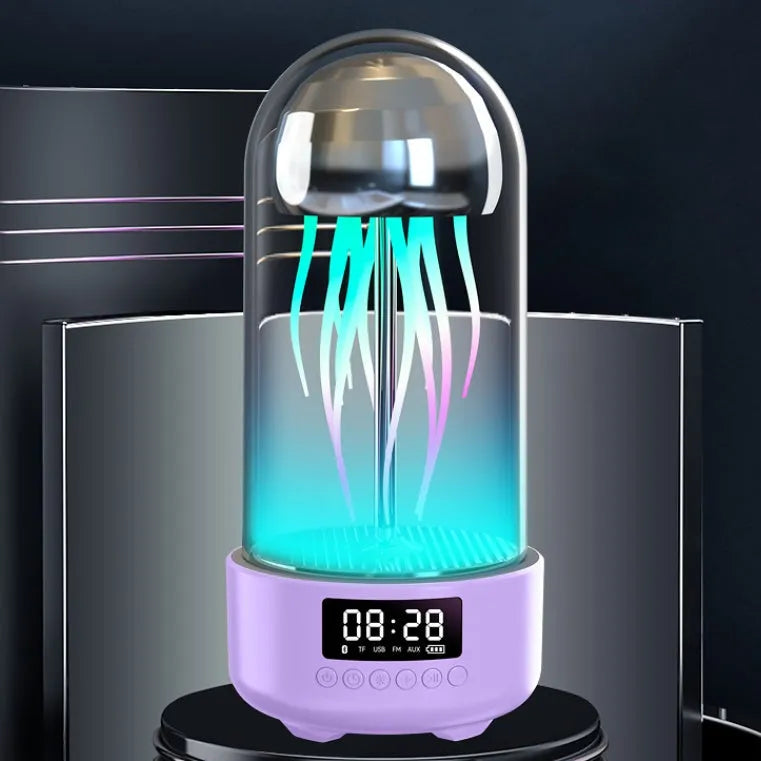Grey pink purple Bluetooth speaker with jellyfish mood lighting effects and LED clock display screen