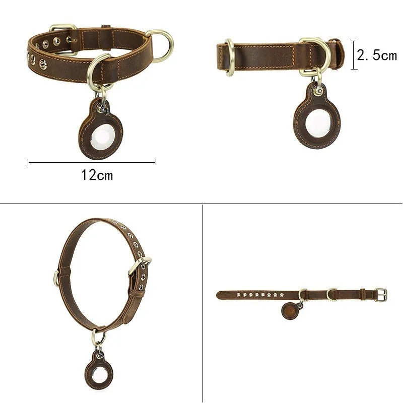 Brown double-sided cowhide leather dog collar with handmade retro styling and halter positioning system