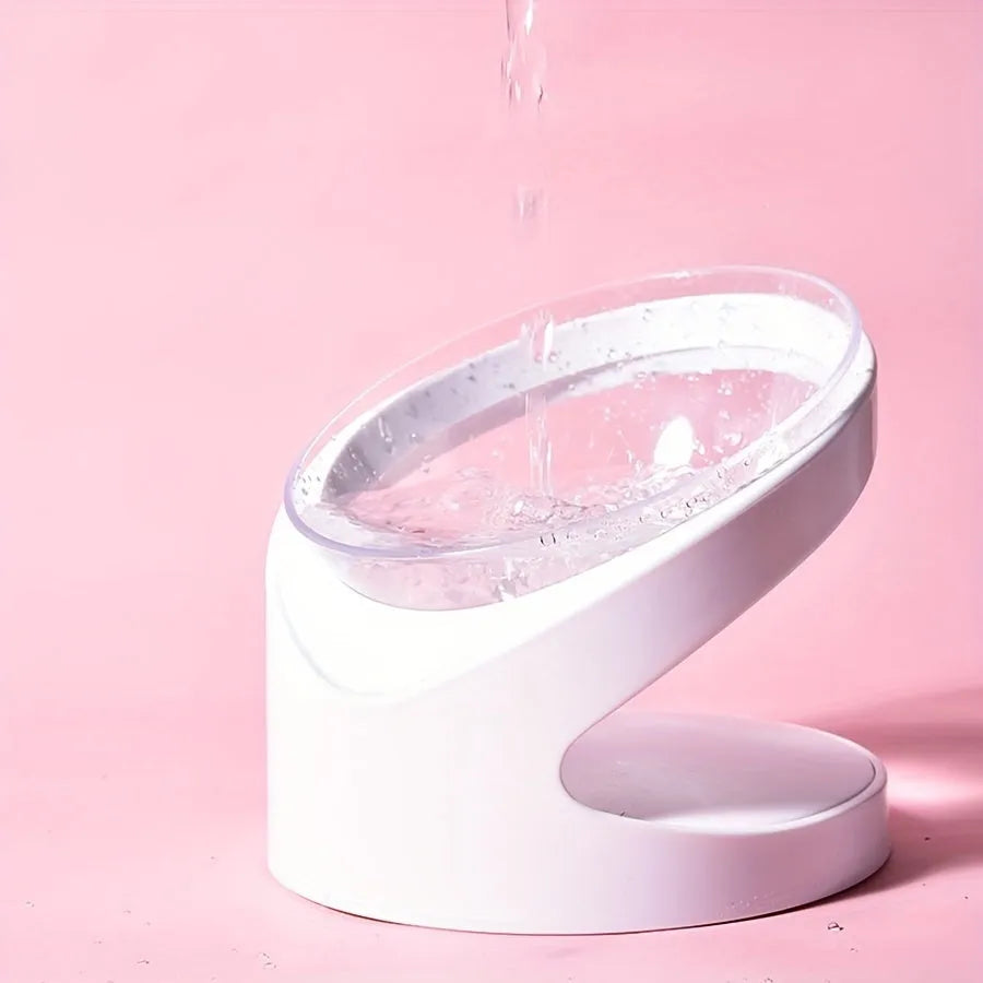 White elevated cat food bowl with ergonomic tilt design for neck protection