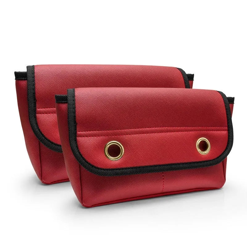 Leather car rear seat storage bag with plug-in installation, 25x16x8cm, in black on a car seat back