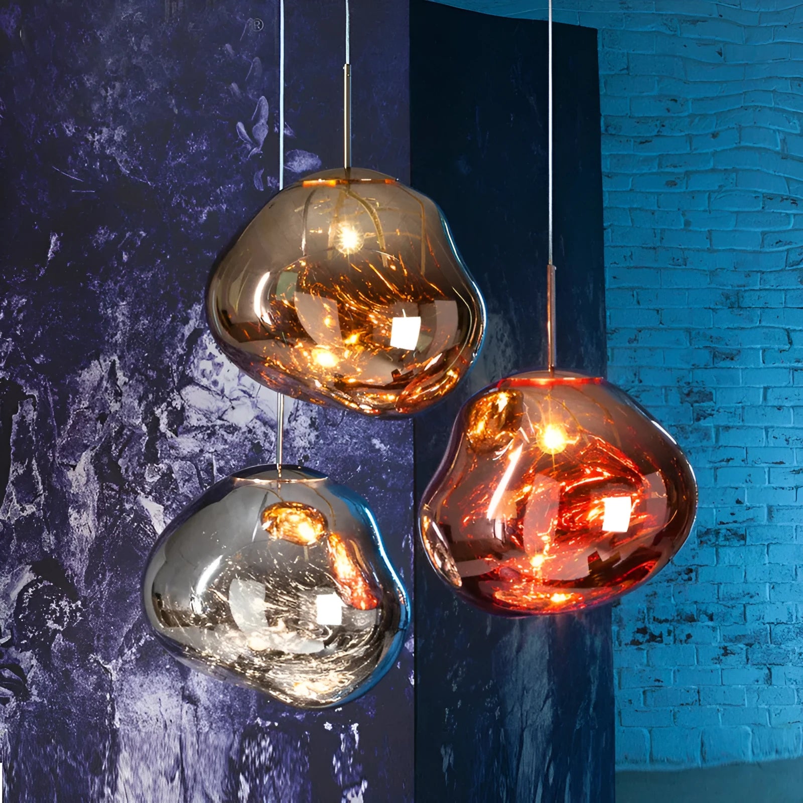 Nordic post-modern irregular lava lamp glass chandelier in gold, silver, or copper finish, ceiling light fixture.