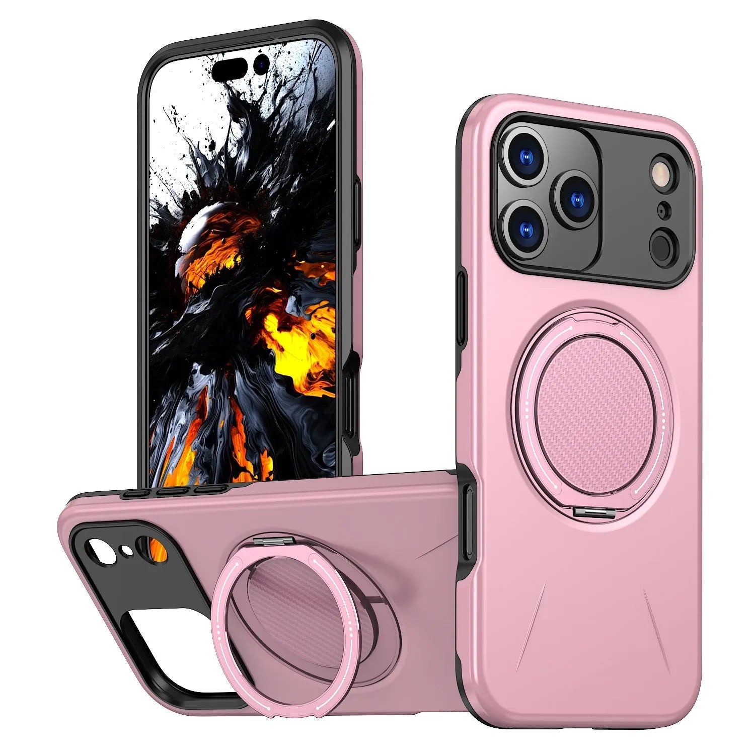 Rotating damping magnetic bracket phone case for iPhone 17Pro in black showing kickstand deployed