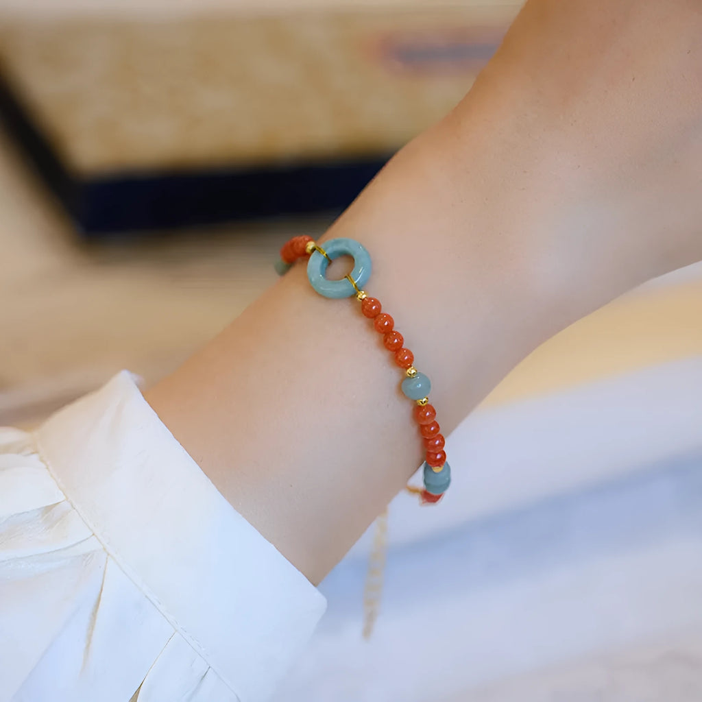 Natural South Red Agate women's bracelet with geometric beads and adjustable safety buckle closure