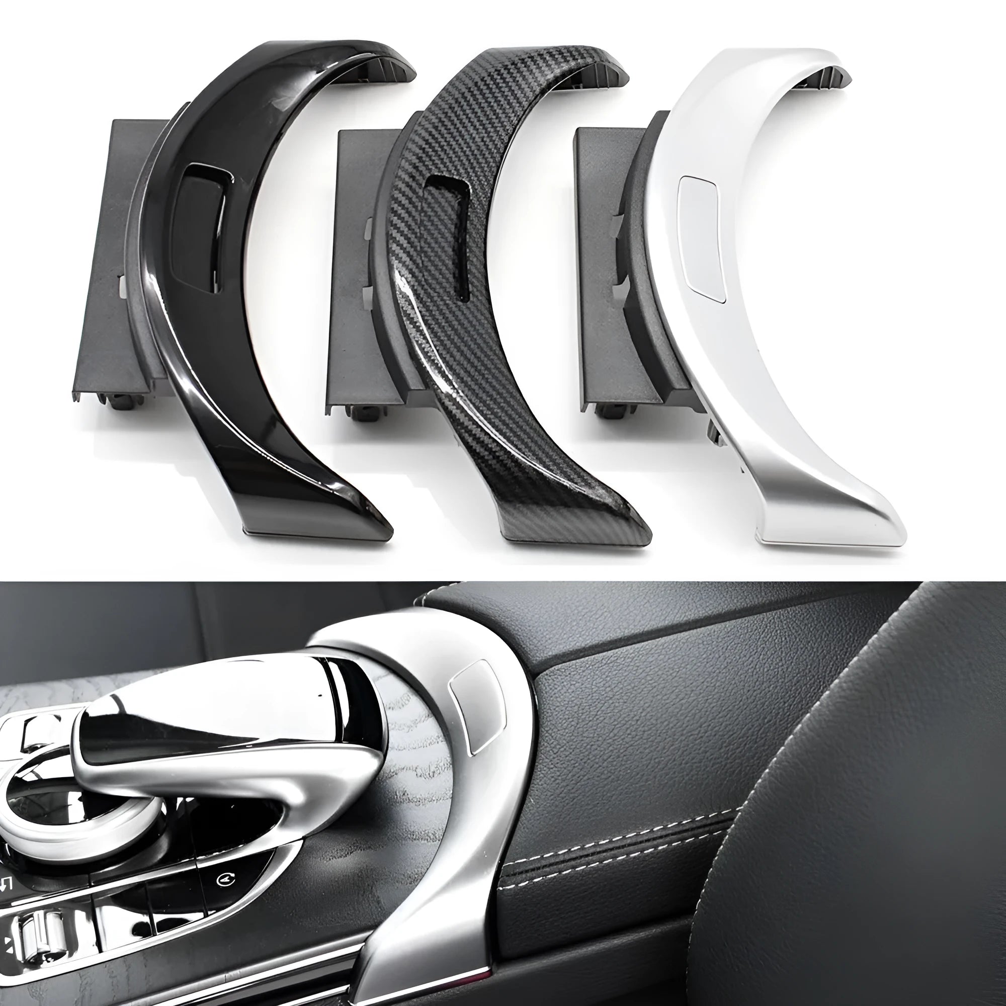 Mercedes C-Class GLC armrest button electroplating panel in silver, black, or carbon finish