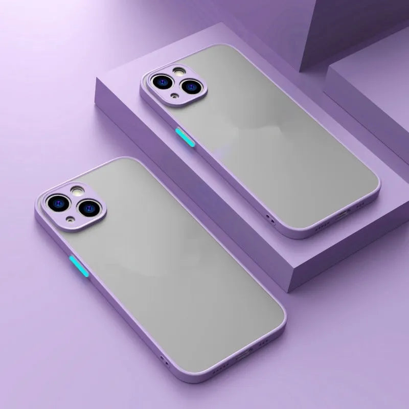 Frosted magnetic iPhone case for MagSafe charging on a table, showing colour options.