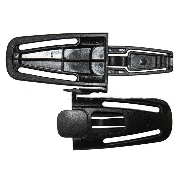 Black nylon seat belt clip for child car seat harness management.